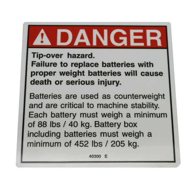 DECAL DANGER TIP-OVER BATTERY | ETIQUETA PELIGRO (40300GT) GENIE